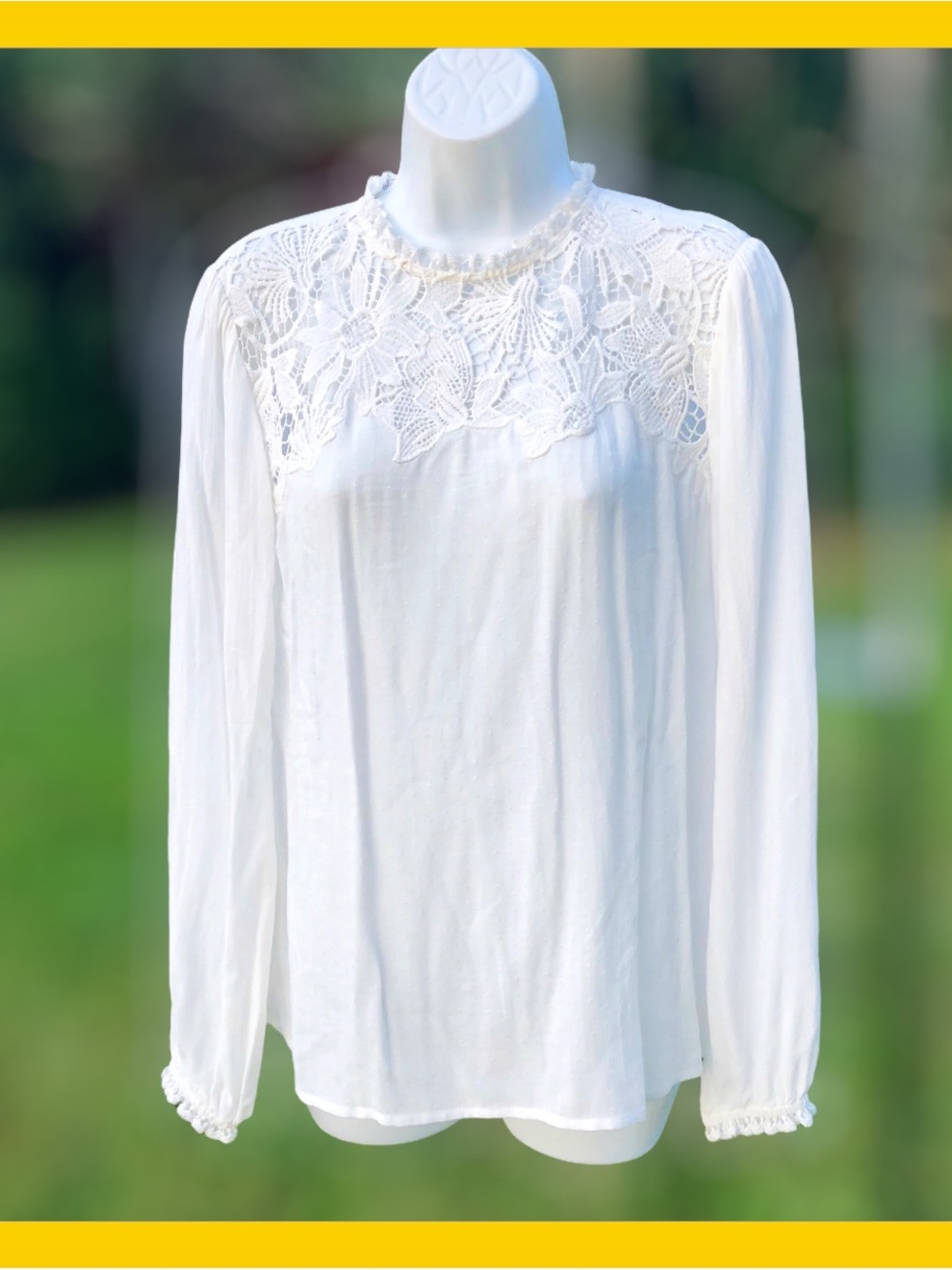 NEW Lace Yoke Long-Sleeve Boho Blouse — White Rayon Small